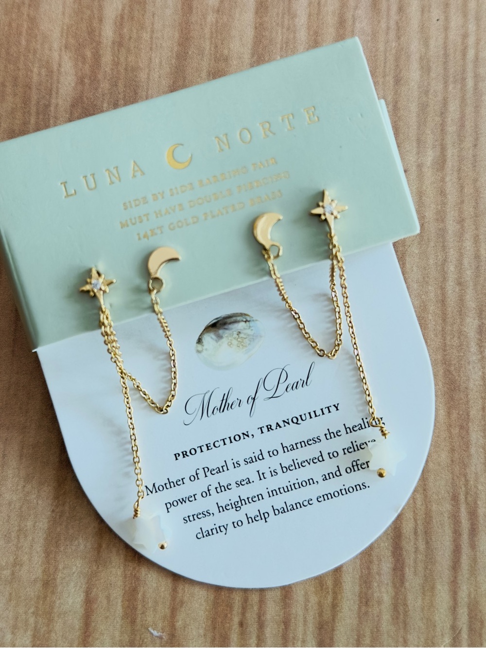 Luna Norte • Gold Moon & Star Mother of Pearl Chain Earrings